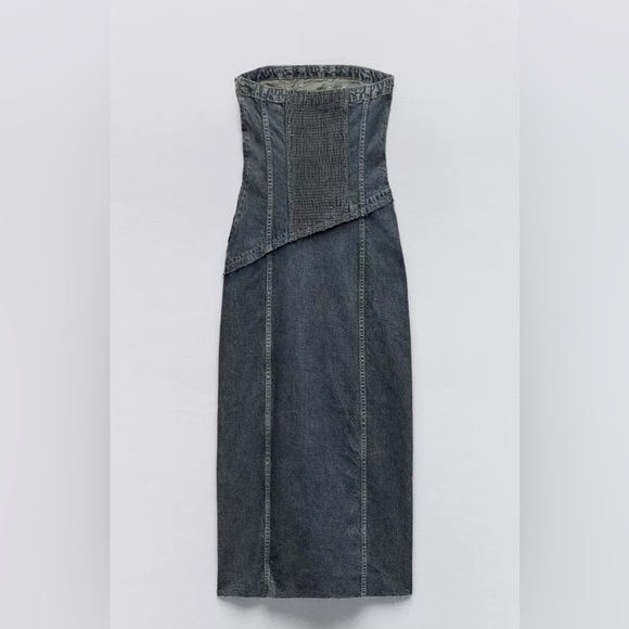Zara TRF STRAPLESS DENIM MIDI DRESS. Navy Blue. Size XS. New with Tags. - Picture 10 of 10